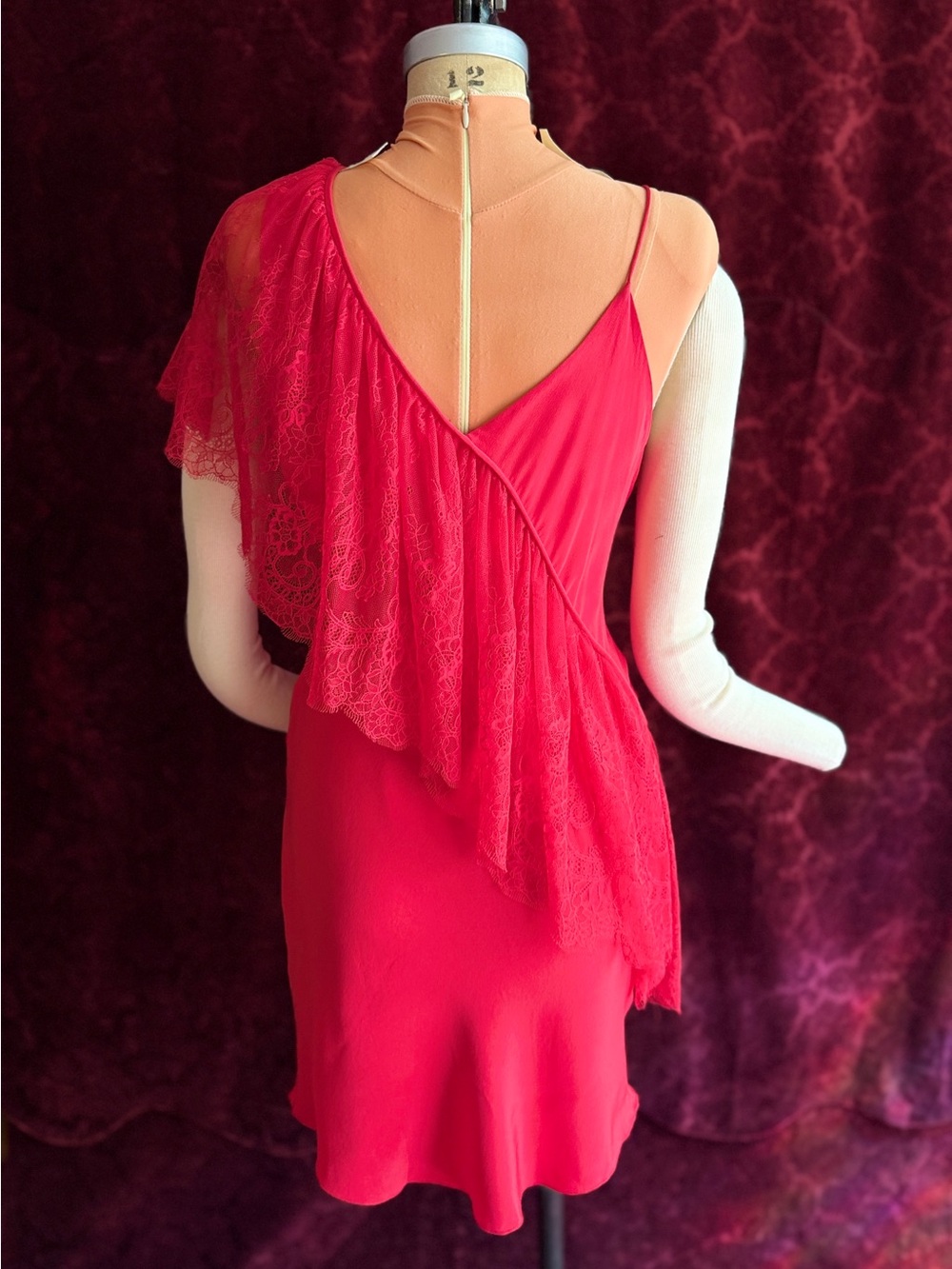 Diane Von Furstenberg Red One-Shoulder Lace-Trim Silk Mini Dress - Picture 4 of 11